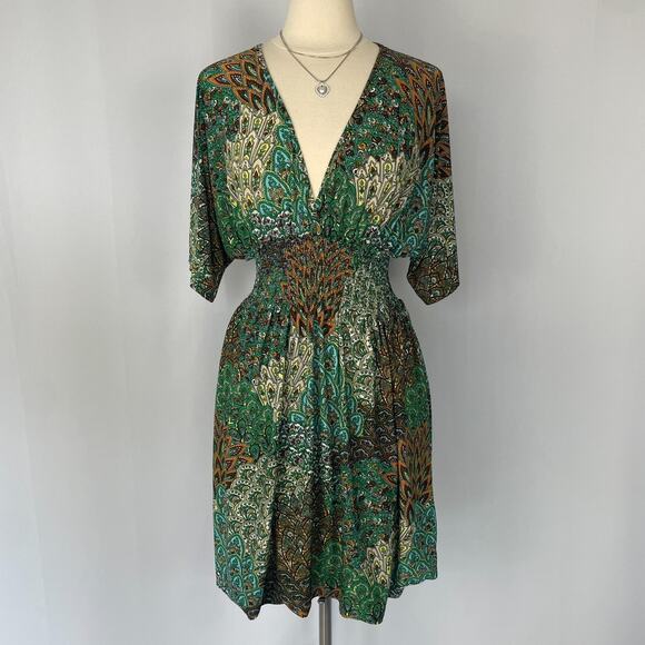 Y2K Mini Dress Green Geometric Print Babydoll Fairy Grunge Stretch Casual Boho - Picture 2 of 14